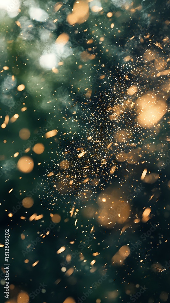 Poster magical golden particles and bokeh lights floating in dark green atmosphere create dreamy abstract b