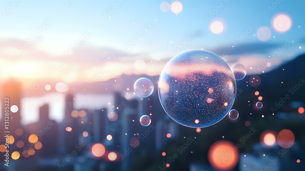 Aufkleber dreamy soap bubbles floating against blurred urban sunset skyline with bokeh lights creating magical