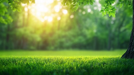 Naklejka premium A vibrant green meadow with trees and bright sunlight filtering through