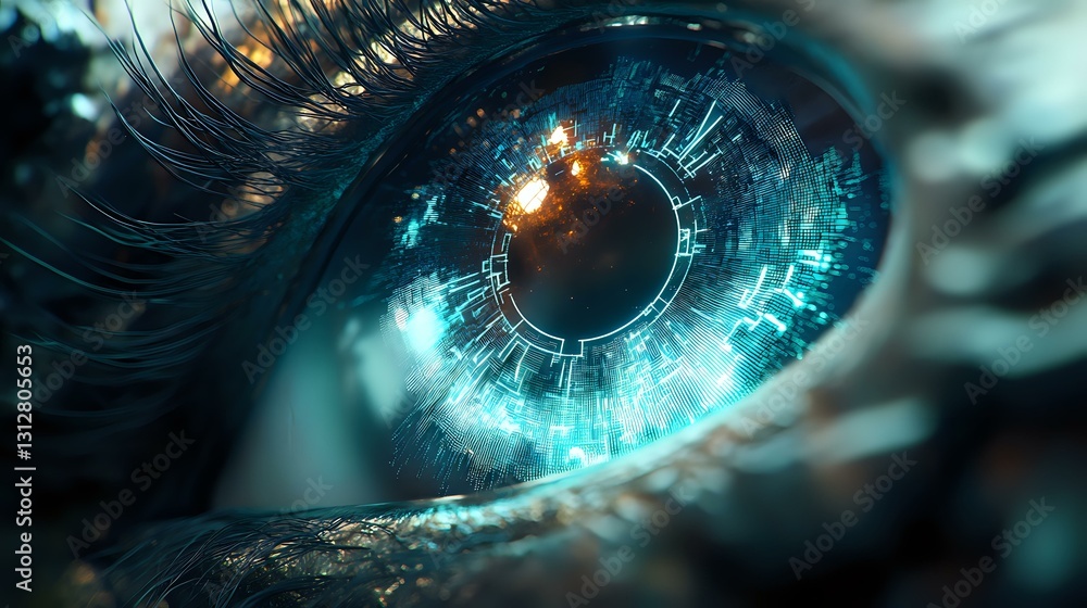 Poster futuristic cyber eye with glowing blue digital iris and technological patterns, representing artific