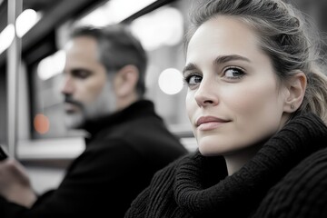 In this close-up, a woman gazes thoughtfully while a man sits behind her, lost in thought on his phone, showcasing the tranquility amidst the bustle of subway commuting.