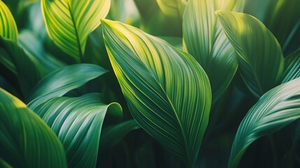 Lush green foliage with sunlight illuminating vibrant leaves.