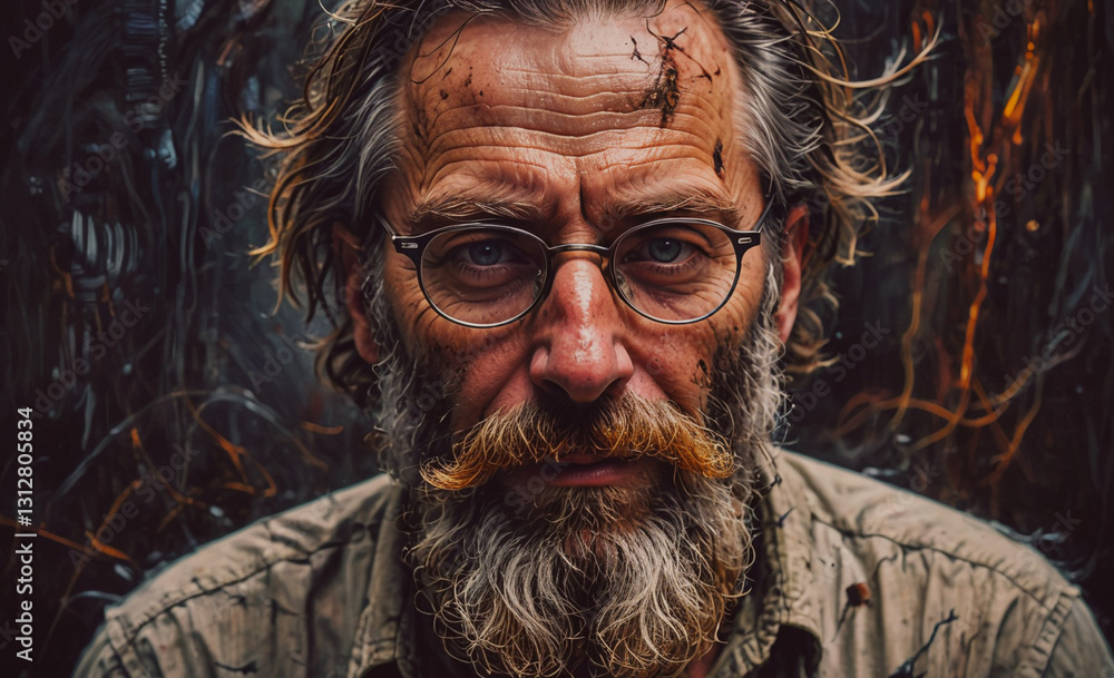 Poster Man with glasses and a beard is staring at the camera. The image has a moody and mysterious feel to it, as if the man is hiding something behind his glasses
