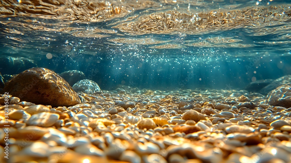 Poster underwater view of smooth pebbles on seabed with sunlight streaming through crystal clear water crea