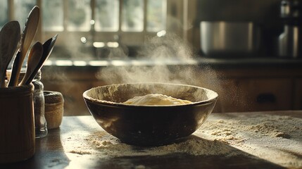 Dough mixing in rustic kitchen, flour dust.