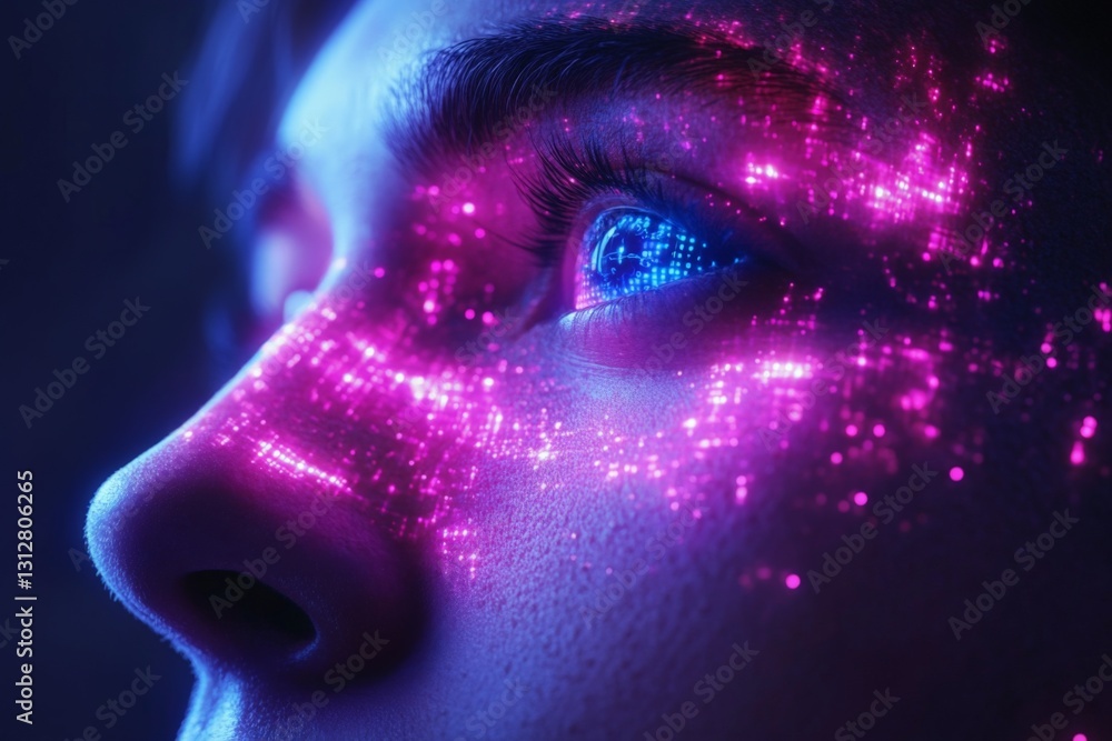 Poster digital art featuring a close-up of an eye with vibrant pixel patterns and glowing colors in a futur
