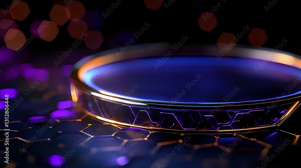 Poster glowing futuristic ring with geometric pattern emits blue and purple light against dark background w