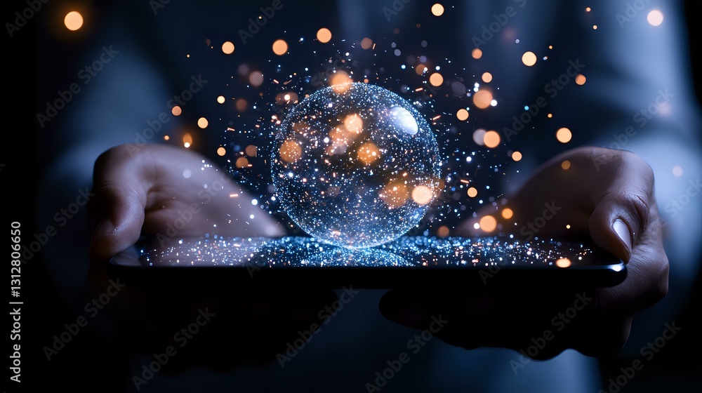 Poster magical glowing sphere with sparkles and light particles floating between hands against dark backgro