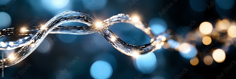 Poster glowing twisted light strands with bokeh effect on dark blue background create magical atmosphere. d