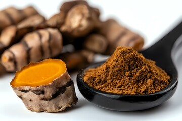 Fresh turmeric root sliced to reveal vibrant orange flesh next to ground turmeric powder in black spoon, with whole roots scattered on white background.