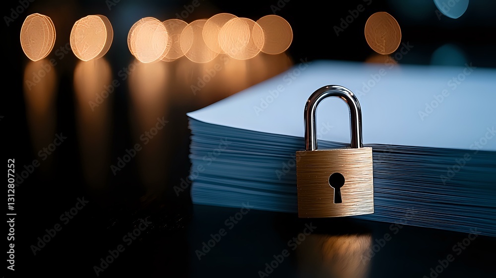 Poster brass padlock securing stack of documents with blurred bokeh lights in background, symbolizing data 