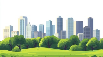 Fototapeta premium A cityscape featuring buildings and a green park on a white background.