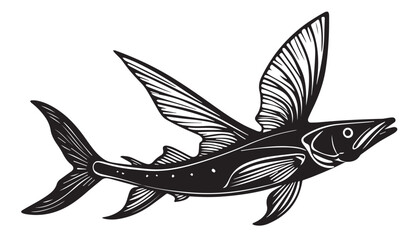 Detailed Black and White Vector Illustration of a Flying Fish, Engraved Style with Fin and Body Details, High-Resolution Graphic for Marine and Wildlife Themes

