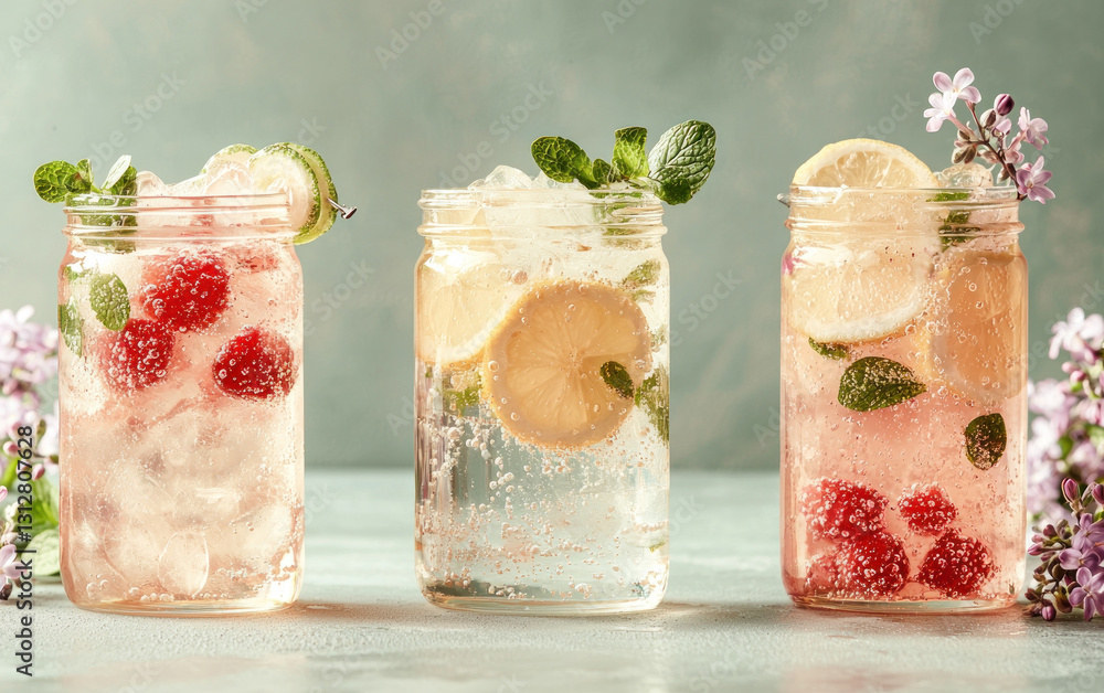 Poster refreshing summer drinks in mason jars with raspberry and lemon