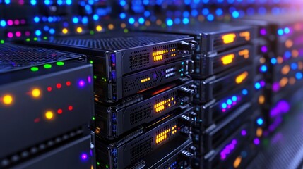 Naklejka premium Illuminated Data Center: A Glimpse into the Heart of Modern Technology