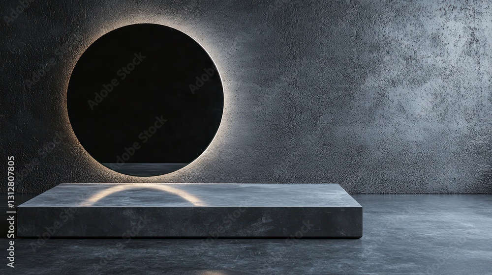 Poster dark minimalist studio with illuminated circular mirror and concrete platform