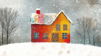 Fototapeta premium A colorful house on a snowy hill next to bare trees