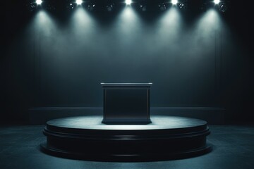Darkened stage with circular arrangement of lights focusing on the performer.