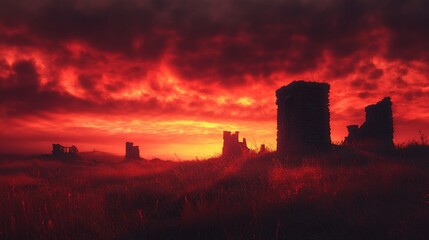 Obraz premium Fiery sunset over ancient castle ruins in a grassy field.