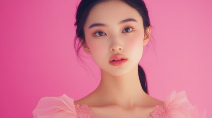 Naklejka premium A close-up portrait of a young woman with lipstick and a subtle smile, set against a pink background. Her confident expression and modern fashionable attire suggest she might be a model or actress.