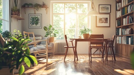 Fototapeta premium Sunlit living room with plants, bookshelves, and dining area.