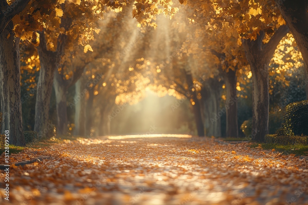 Poster golden foliage creates a magical scene as sunlight filters through tree branches onto a path covered