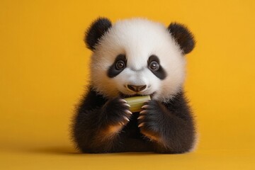Obraz premium Cute baby panda holding bamboo shoots against a bright yellow background