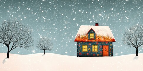 Fototapeta premium A winter landscape featuring a decorated cottage and falling snow
