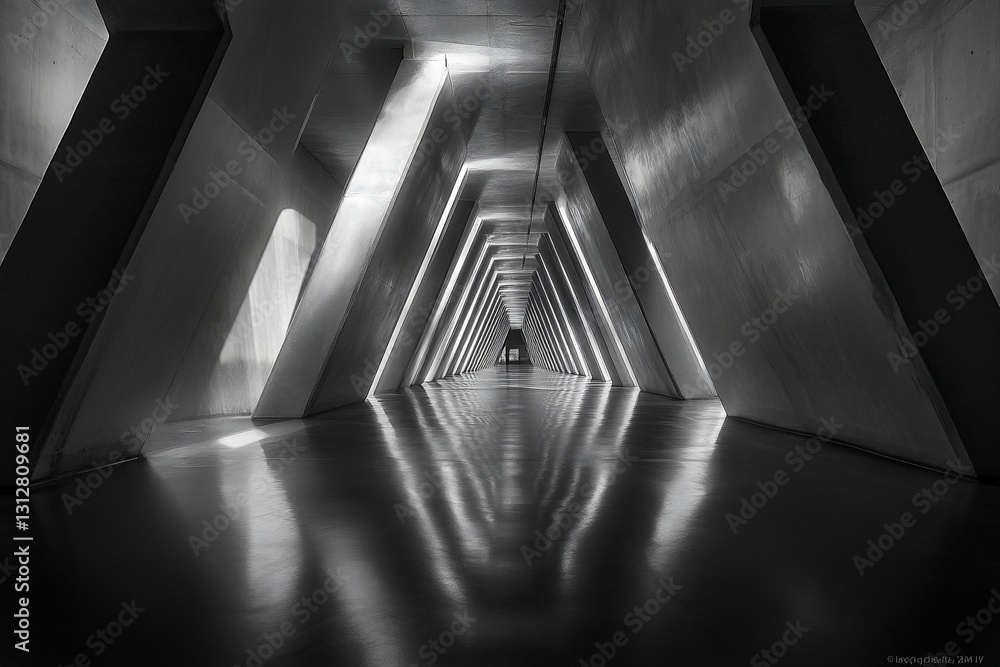 Poster monochromatic perspective of a long, triangular corridor with light and shadow.