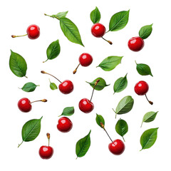 Bright red cherries with green leaves arranged in a decorative pattern on a white background