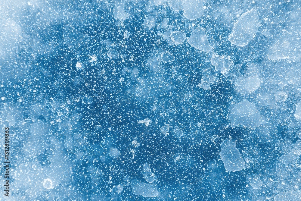 Poster Tiny snowflakes and ice crystals create a mesmerizing texture on the surface of a frozen lake, forming an abstract winter background