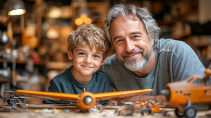 Father and son bonding while building model airplanes in a workshop