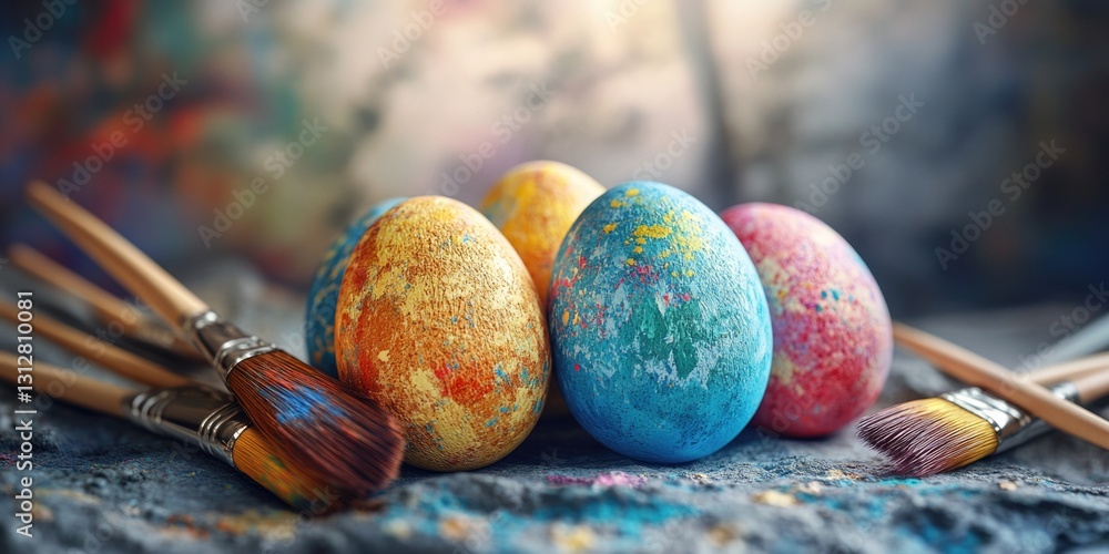 Poster a group of painted eggs are sitting on a table next to paintbrushes. the eggs are of different color