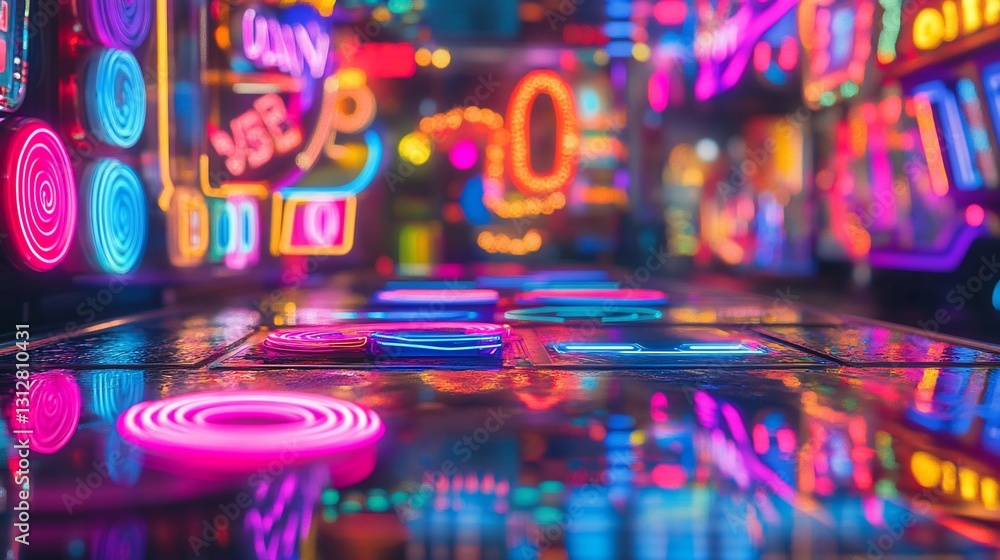 Poster vibrant neon lights illuminate a futuristic arcade game floor with colorful buttons and glowing circ