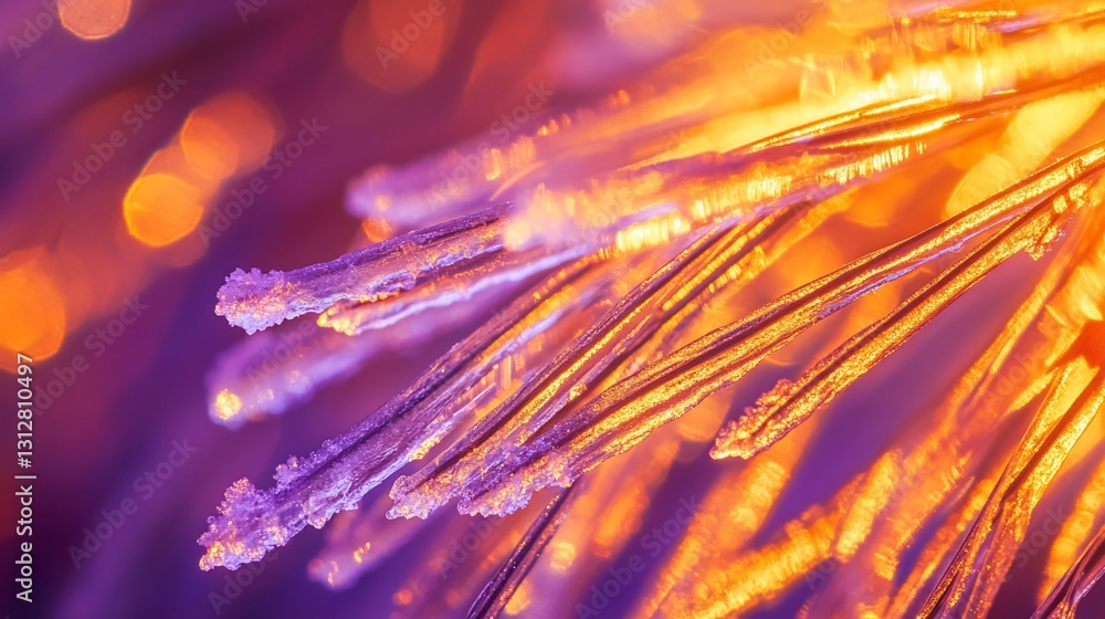 Poster close-up of frost-covered branches illuminated with warm and cool lights, bokeh effect.