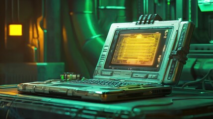 Fototapeta premium Futuristic laptop with glowing screen in a dark industrial setting.