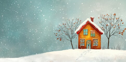 Fototapeta premium A cozy illuminated house in a serene snow covered winter landscape