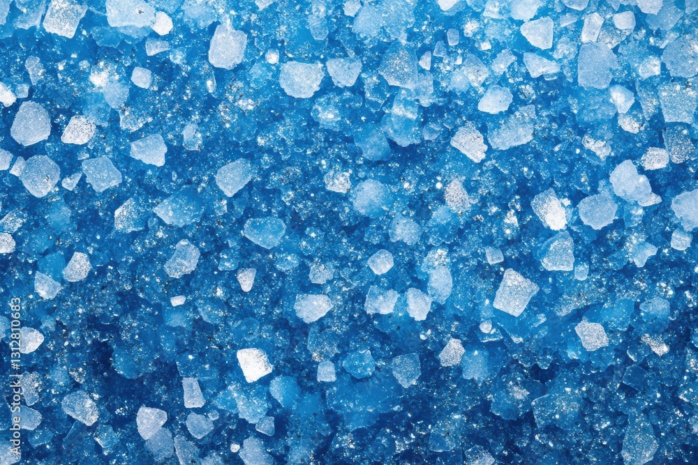 Poster Tiny particles of snow and ice on a frozen lake surface create a mesmerizing abstract winter background with beautiful blue colors
