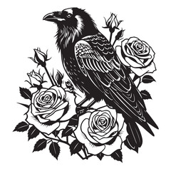 Detailed Raven and Rose Illustration in Vintage Etching Style: Monochrome Graphic Depicting a Majestic Raven Perched Amidst Blooming Roses, Ideal for Gothic, Romantic, and Tattoo Designs.