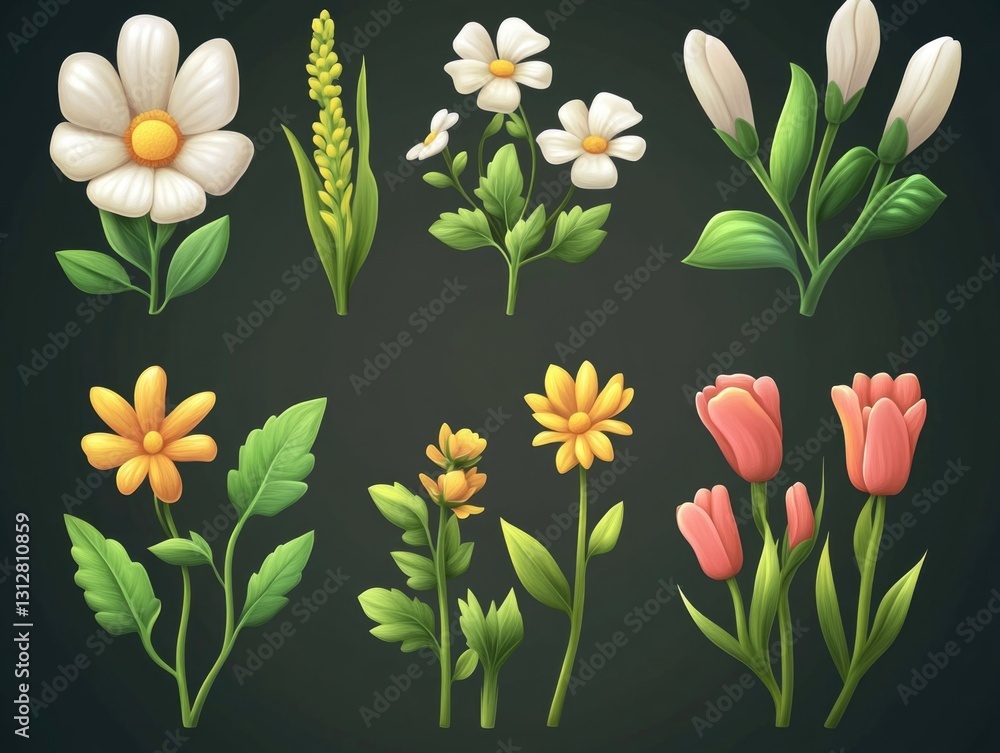 Poster a set of colorful flowers with different shapes and sizes. the flowers are arranged in a row, with s