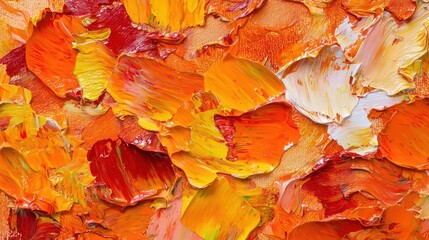 A closeup of an impasto abstract painting showcasing rough autumn colors with a texture that emphasizes orange fall hues.