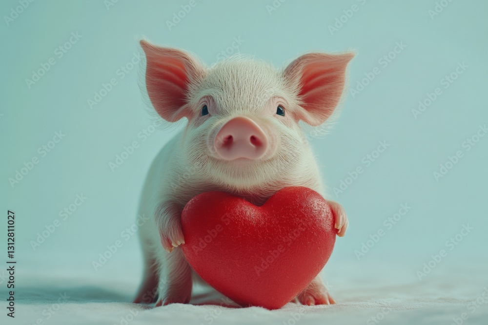 Aufkleber cute piglet holds red heart in playful display of affection and charm in a light background