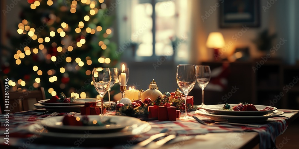 Poster a table with a christmas tree in the background and a lit candle on it. there are wine glasses and p