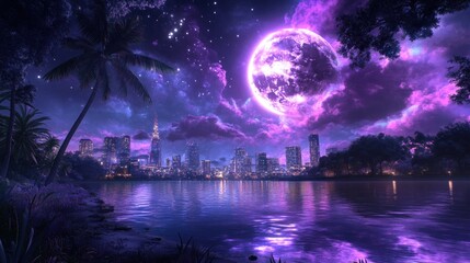 Purple Moonlight Cityscape: A Dreamlike Nightscape