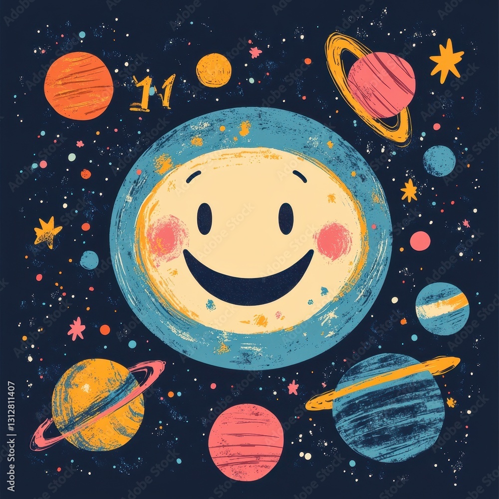 Poster smiling celestial body with planets and cosmic elements in space