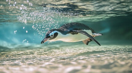 Fototapeta premium Underwater penguin swimming, surfacing, bubbles.