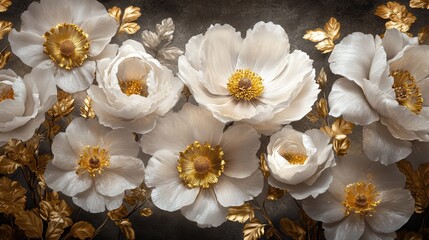 Obraz premium A close-up of blooming flowerbeds features stunning white and golden flowers against a dark, moody, textured background.