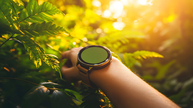 Smartwatch in Lush Green Forest - Technology Meets Nature