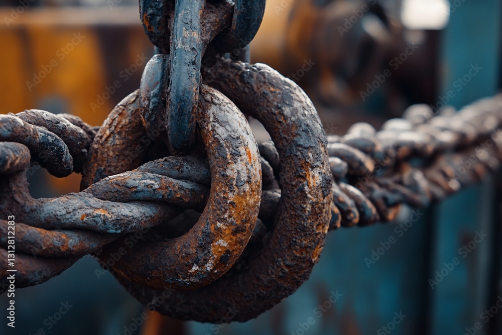 Poster close-up of rusty chain links and rings, showing texture and wear.