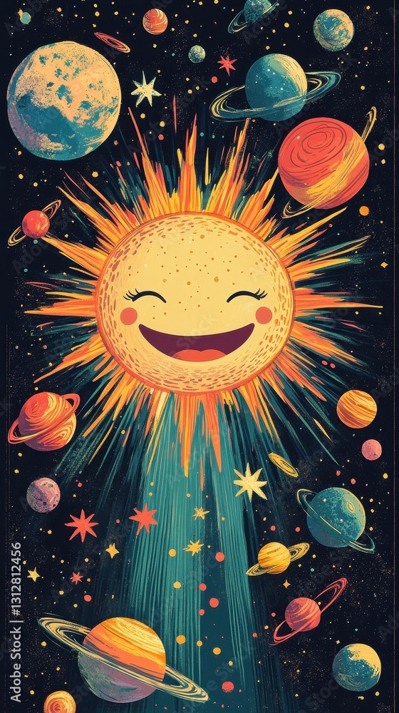 Poster a smiling sun surrounded by planets and celestial objects in space